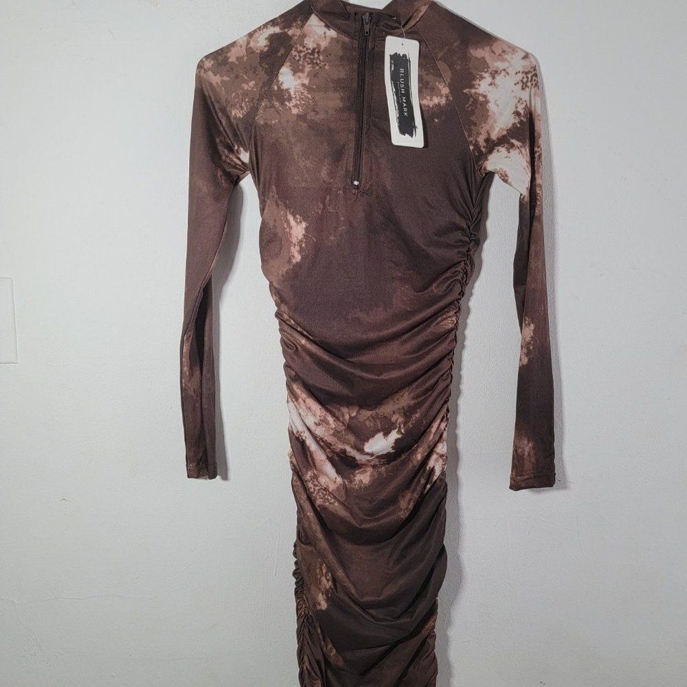 Blush Mark Womens Brown Cream Tie Dye Mock Neck Ruched Bodycon Dress Size Small